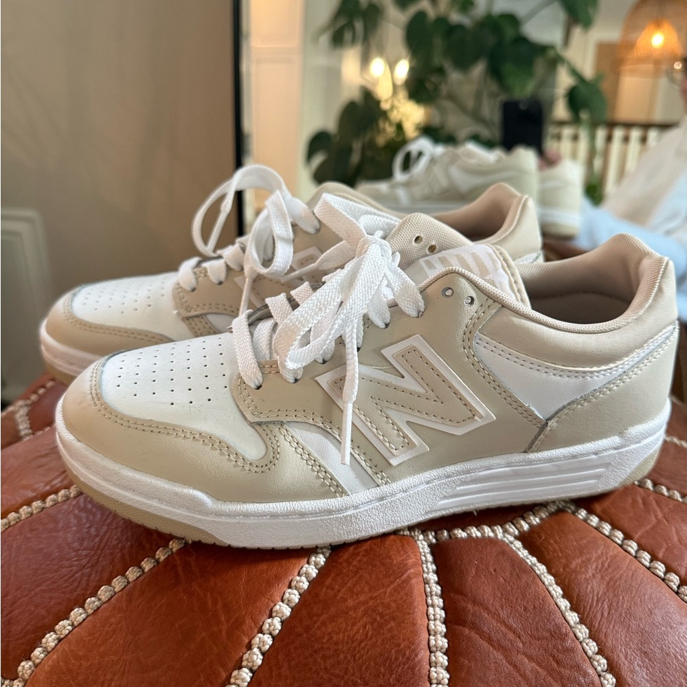 New Balance 480 Beige and White Sneakers